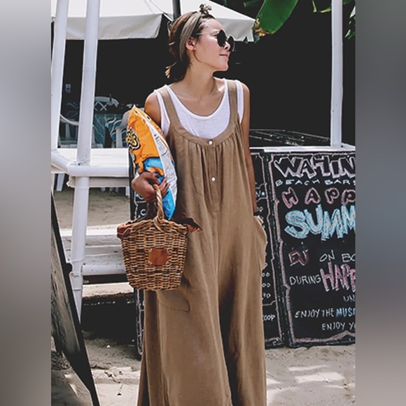 Sleeveless Scoop Neck Big Pocket Cotton Linen Boho Wide Leg Jumper Overalls - Picture 7 of 13